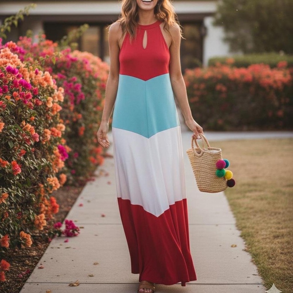 Retro Chic Y2K Red, white & blue maxi dress, XL